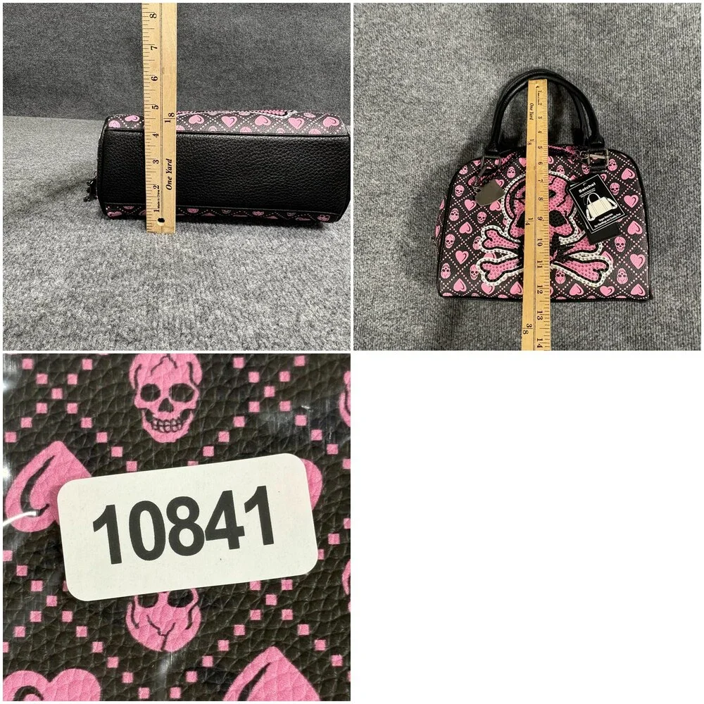 Ed Hardy Satchel Bag Womens Black Pink Skull Hearts Rhinestone Vegan NWT Rock